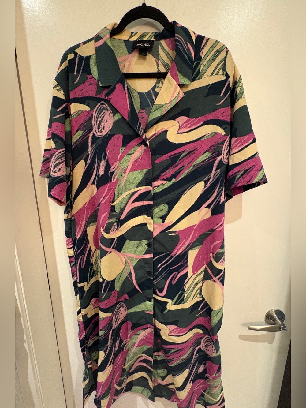 Monki Navy Abstract Button-Down Dress with Pink & Green Swirls